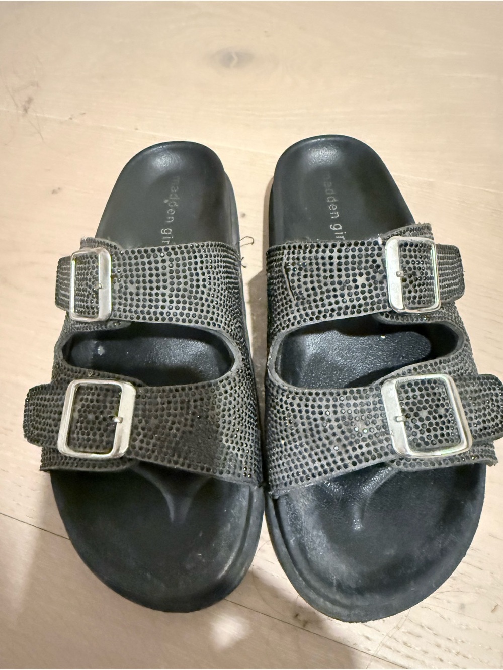 Madden Girl Black Double-Buckle Rhinestone Sandals
